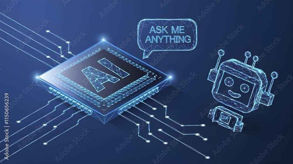 Poster ai chip and chatbot icon on technology blue background. artificial intelligence innovation concept. 