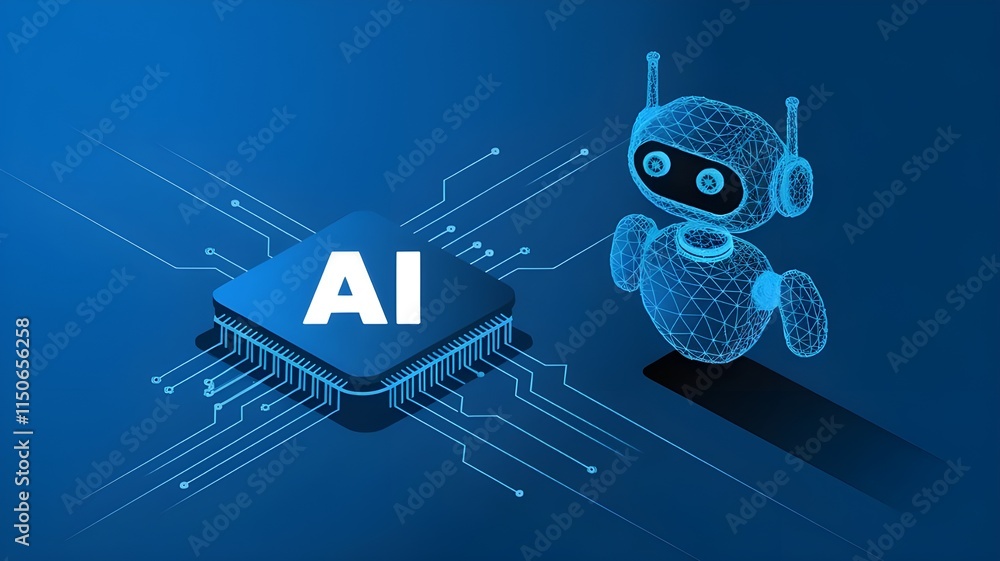 Poster ai chip and chatbot icon on technology blue background. artificial intelligence innovation concept. 