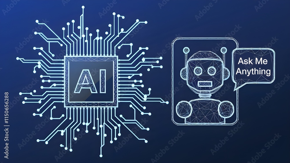 Poster ai chip and chatbot icon on technology blue background. artificial intelligence innovation concept. 