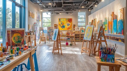 Art studio, classroom with easels, paints and brushes on shelves, bust and paintings on wall. Vector cartoon interior of artist workshop, school class with equipment for education children to draw