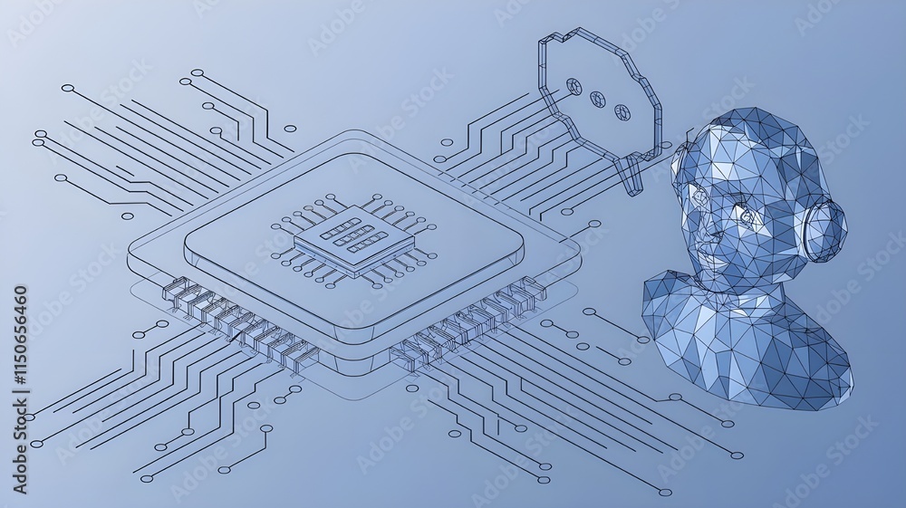 Poster ai chip and chatbot icon on technology blue background. artificial intelligence innovation concept. 