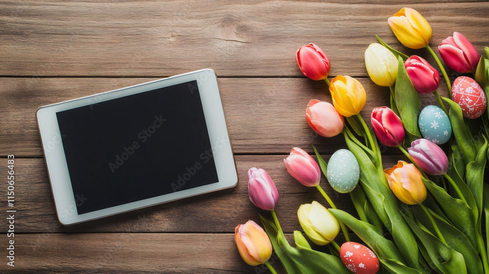 Aufkleber festive and inviting scene with colorful easter eggs, tulips, and a digital tablet on a rustic wood 