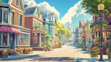 Fototapeta premium Cartoon city street with nice houses and cafe. Vector illustration of town neighborhood, residential district. Brick buildings facade with windows and doors, empty sidewalk and road on sunny morning