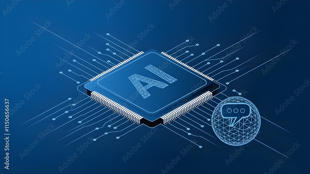 Poster ai chip and chatbot icon on technology blue background. artificial intelligence innovation concept. 