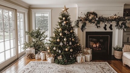 Rustic Christmas Living Room with Decorated Tree and Fireplace