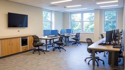 Computer class, open space office interior. Empty school, modern business workplace, room for coworking or studying. Cabinet with furniture, pc on desks, tv screen, windows cartoon vector illustration