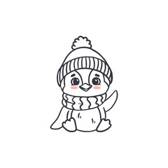 Cute cartoon penguin isolated on white. Doodle illustration for kids or babies t-shirt design, room decoration, Christmas cards. Vector 
