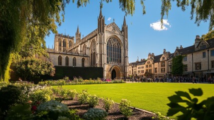 Fototapeta premium A stunning view of a historical cathedral surrounded by a vibrant garden. The sunlight casts beautiful shadows. A perfect moment captured for architectural lovers. Generative AI