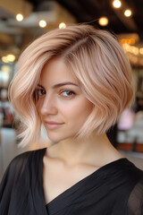 Obraz premium Close-up of a smiling woman with a pink-toned short bob haircut in hair salon.