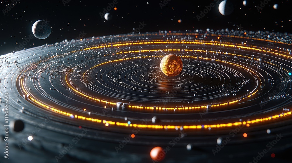 Poster a digital representation of a solar system with planets orbiting a central star.
