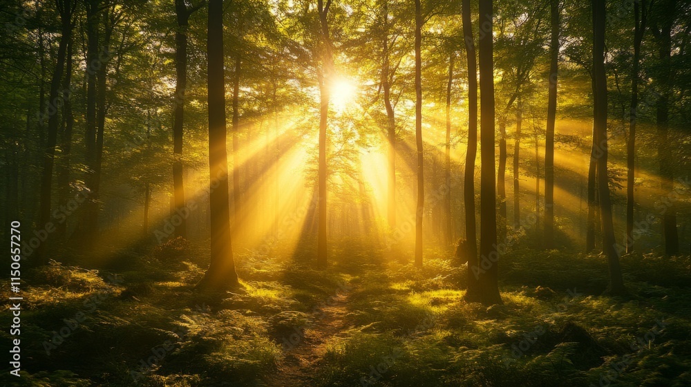 Poster sunlight filtering through lush green forest trees in golden hour