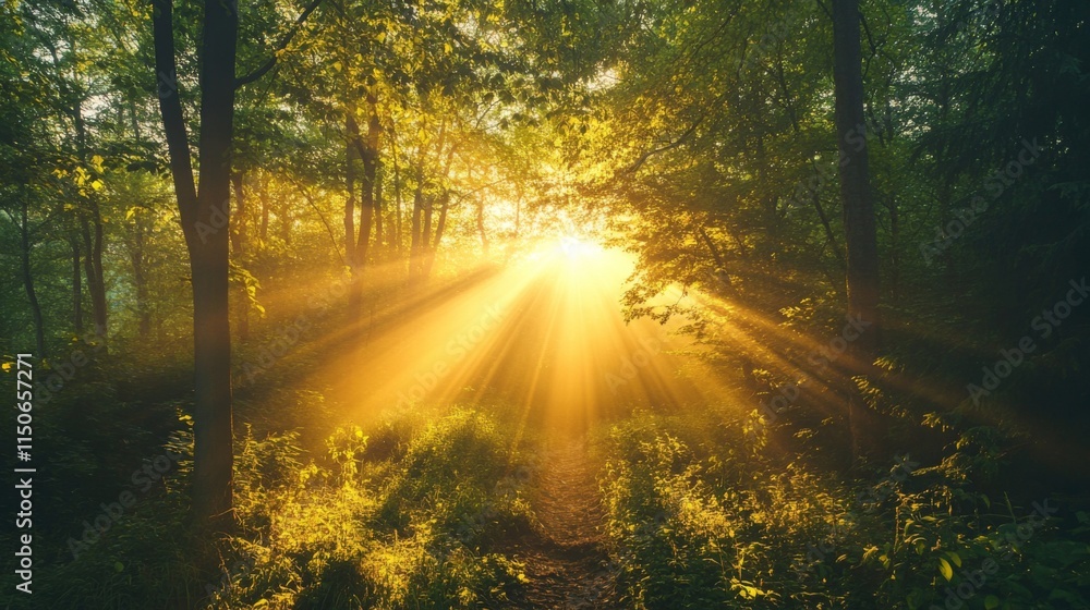 Poster sunlight breaking through trees in serene forest landscape