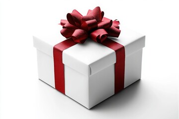 Obraz premium White gift box with a red ribbon and bow, isolated on a clean white background, ideal for celebrations and festive themes.