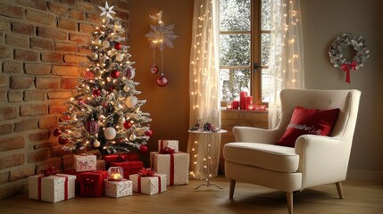 Cozy Christmas Living Room with Decorated Tree and Presents