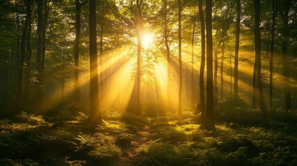 Obraz premium Sunlight Filtering Through Lush Green Forest Trees in Golden Hour