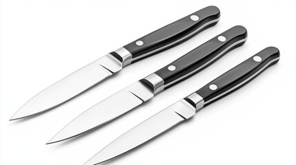 Fototapeta premium Three elegant kitchen knives arranged neatly on a white background. Each knife features a sleek design and a sharp blade. Perfect for culinary enthusiasts. Generative AI