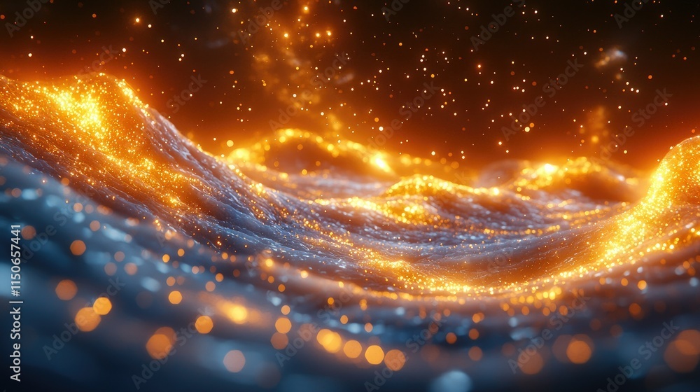 Poster a digital representation of flowing waves with glowing particles in a cosmic atmosphere.