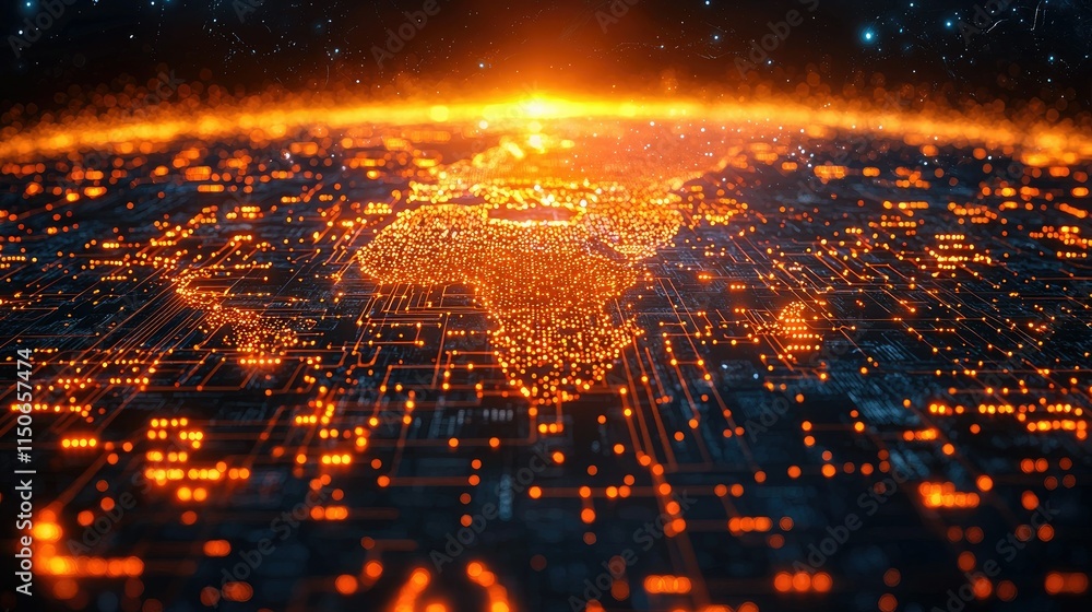Poster a digital representation of africa illuminated with glowing data points and circuits.