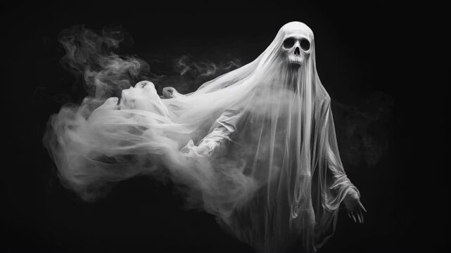 Eerie ghost figure with skull face in flowing white fabric against black background. Spooky Halloween horror concept with smoky ethereal effect. Dark atmospheric haunting scene with copy space