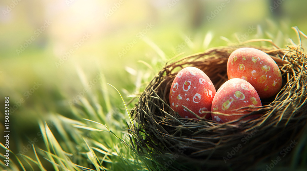 Poster easter eggs adorned with white spots nestled in a bird's nest on a sunlit meadow during the spring s