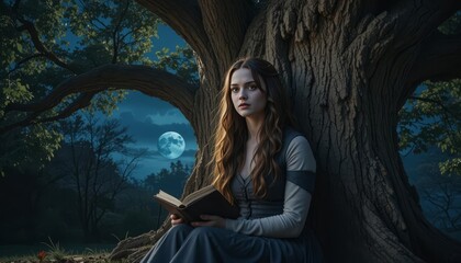 Obraz premium Young woman sitting under a large tree at night, reading a book with a glowing full moon in the background