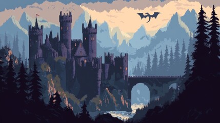 Black spooky castle and flying dragon in canyon with mountains and forest. Vector cartoon fantasy illustration with medieval palace with towers, creepy beast with wings, rocks and pine trees