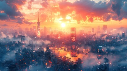 Fototapeta premium A vibrant sunset over a city skyline, reflecting on water with clouds and mist.