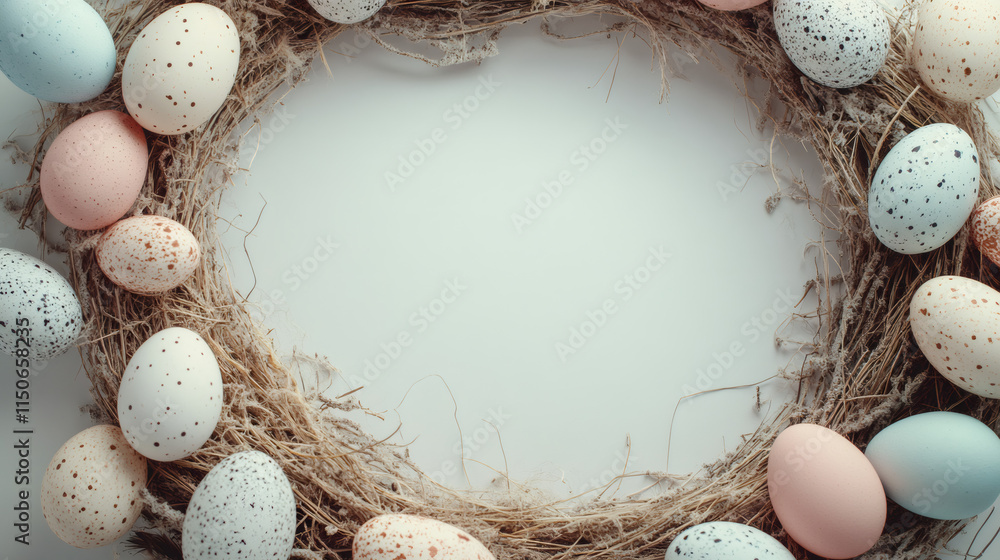 Poster Festive and decorative scene with colorful easter eggs arranged in a circle on a straw nest against a white background