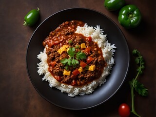 Pikantne chili z ryżem i serem w czarnej misce


