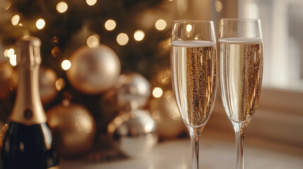 A dramatic close-up of champagne glasses clinking, with a blurred festive background of shimmering tinsel and softly glowing ornaments in warm, celebratory colors.