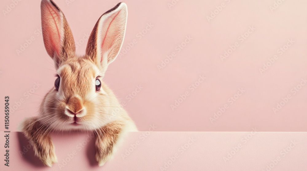 Poster adorable easter bunny peeking over a pink background, creating a delightful spring or easter-themed 