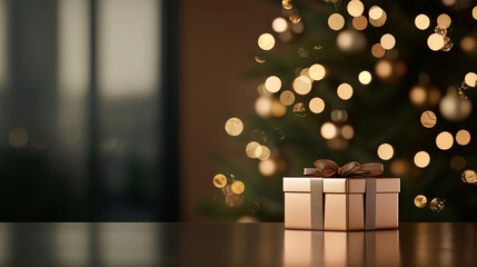 Golden Gift Box With Bronze Ribbon And Christmas Tree Background