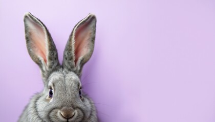 Obraz premium A close-up of a grey rabbit with upright ears, positioned against a soft purple background, showcasing a curious expression.