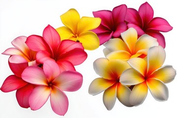 Obraz premium Frangipani flowers in vibrant pink, yellow, and white tones, ideal for tropical themes, spa designs, and floral decorations