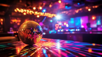 Nightclub with bar counter, tables, dj console and dance floor illuminated by disco ball and spotlights. Vector cartoon interior of night party in dance club with glowing scene and neon lamps
