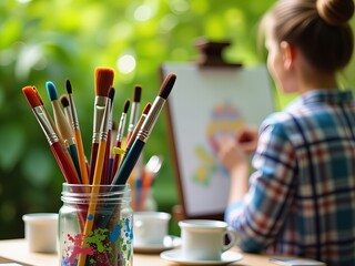 Młoda dziewczyna skupia się na malowaniu w plenerze, na pierwszym planie stoi słoik z pędzlami i kolorowy kubek, a wokół niej rozciąga się zieleń.


