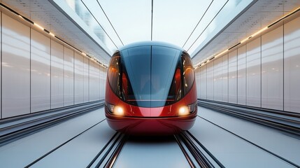 Futuristic red train speeding through a sleek, modern tunnel. The train's design is streamlined and elegant, conveying a sense of speed and innovation.