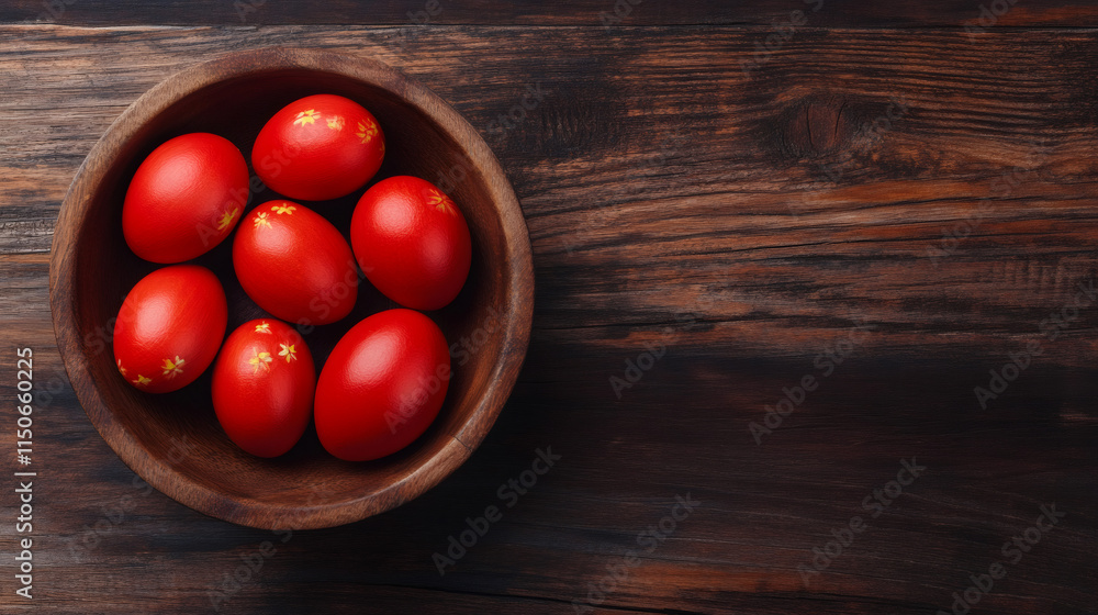 Aufkleber festive easter scene with red eggs adorned with gold floral pattern in wooden bowl on rustic table