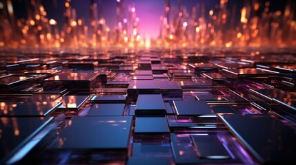 Fototapeta premium Abstract Cyberpunk Cityscape: Digital Cubes Reflecting Neon Lights