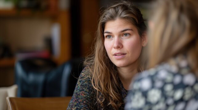 A woman chats amiably in natural light, showcasing her expressions and demeanor