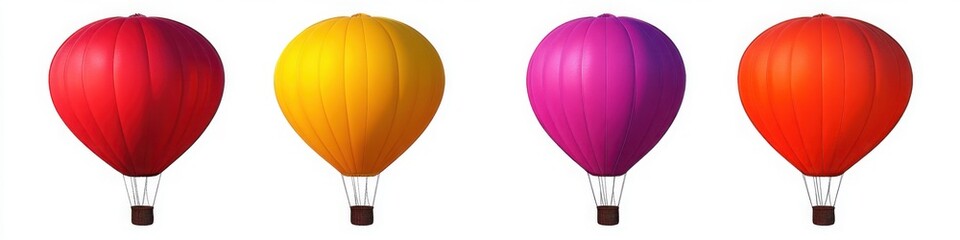 Naklejka premium Four colorful hot air balloons in red, yellow, pink, and orange floating on a white background, perfect for travel posters, adventure themes, and cheerful wallpapers