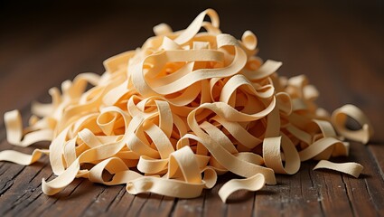 Stos świeżych makaronów tagliatelle na rustykalnej drewnianej powierzchni