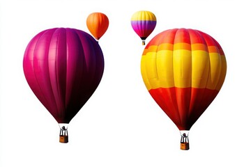 Fototapeta premium Hot air balloons in vibrant shades of purple, orange, and yellow floating against a white background, ideal for travel posters, adventure themes, and cheerful wallpapers