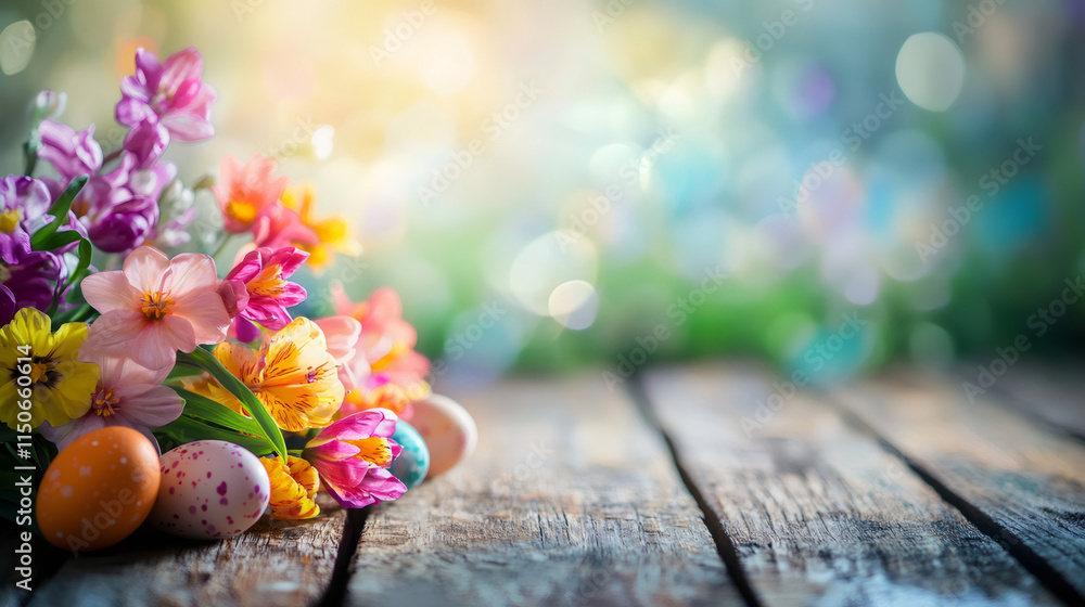Poster rustic wooden table adorned with easter eggs and spring flowers sets the scene for festive easter ce