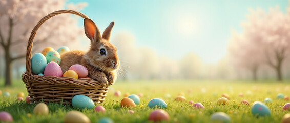 A cheerful bunny resting in a basket amid scattered colorful Easter eggs in a sunny meadow surrounded by blossoming trees, embodying the joy and renewal of springtime celebrations.

