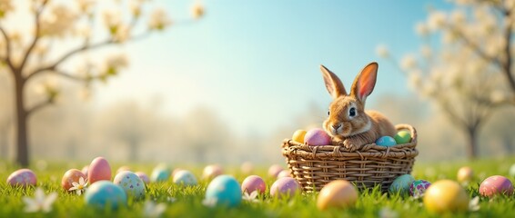 A cheerful bunny resting in a basket amid scattered colorful Easter eggs in a sunny meadow surrounded by blossoming trees, embodying the joy and renewal of springtime celebrations.

