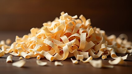  Stos świeżych makaronów tagliatelle na rustykalnej drewnianej powierzchni