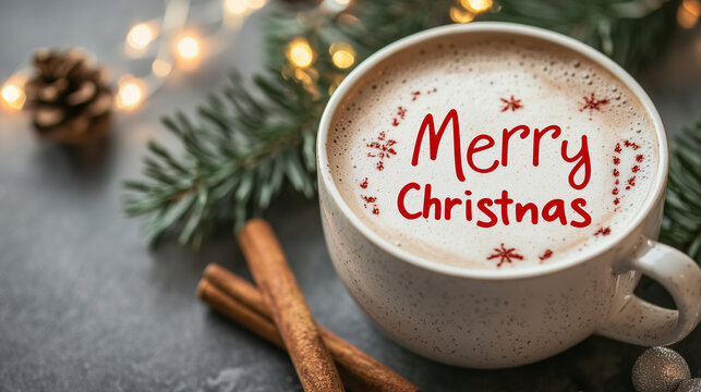 A close-up shot of a warm cup of hot cocoa, surrounded by cinnamon sticks and pine branches, with "Merry Christmas" written in red lettering on the frothy surface of the drink, sof