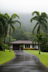 A house with a driveway in front of it. The driveway is wet and the house is surrounded by trees