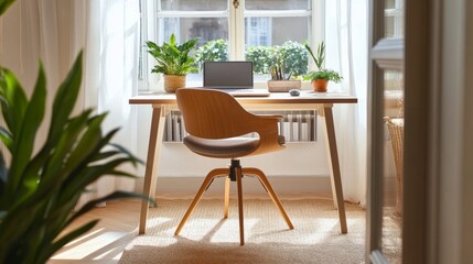 Fototapeta premium Bright and Cozy Home Office with Plants and Modern Desk Setup